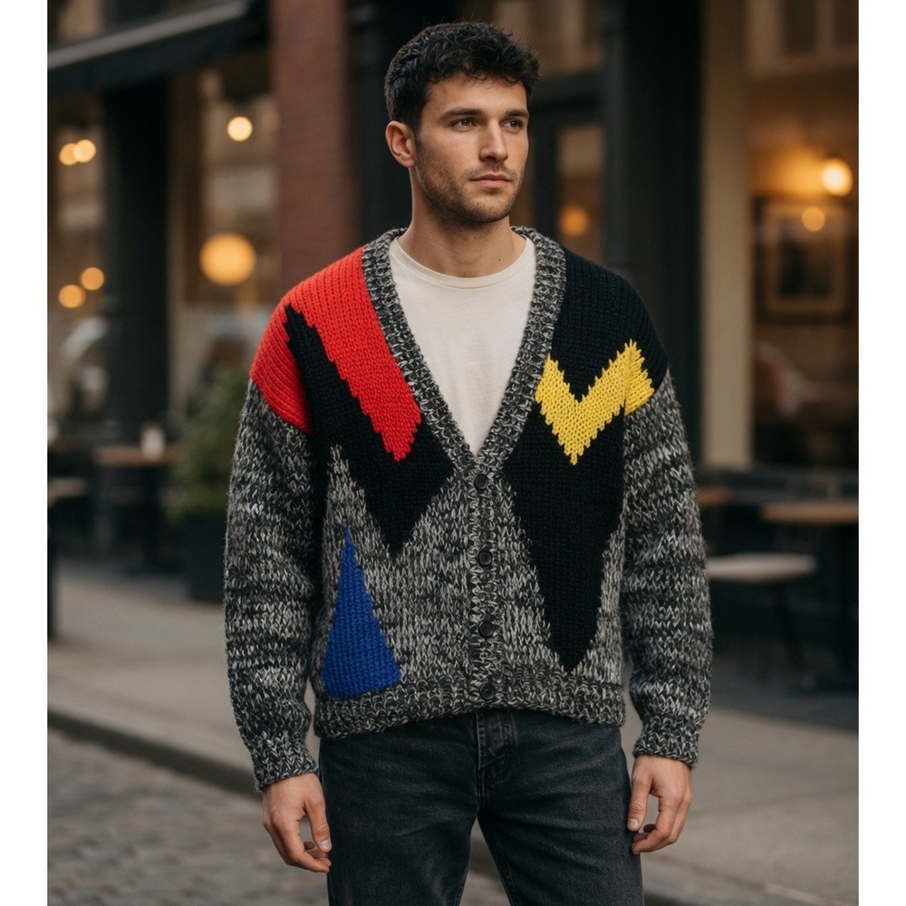 Vintage 90s Avenues by Street Scene Geometric Knit Cardigan Sweater Mens Sz M